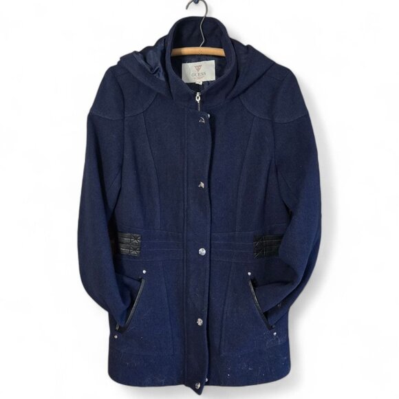 GUESS Los Angeles Women’s Wool Blend Hooded Pea Coat Navy Large - Picture 2 of 14